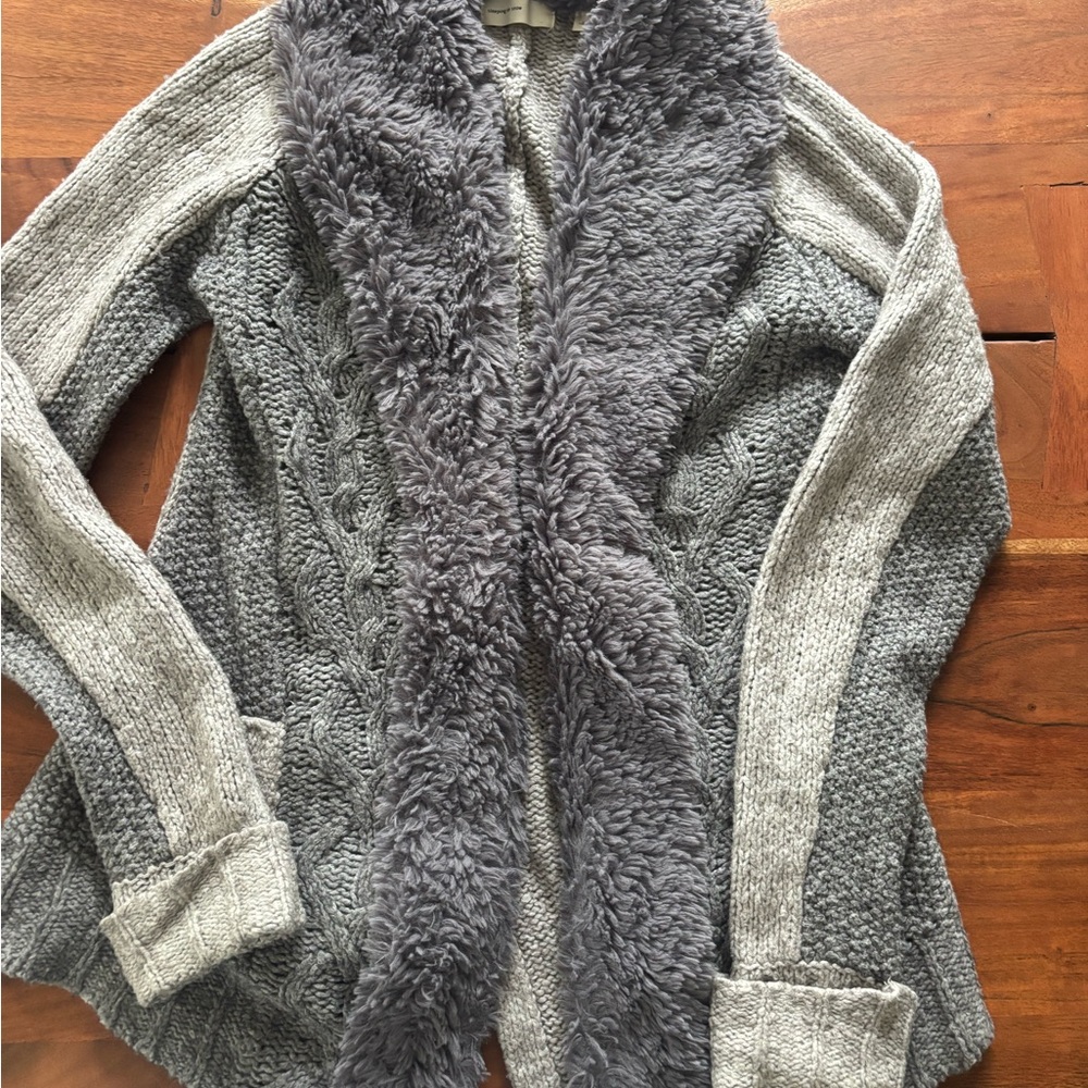 Anthropologie Heather Gray Cardigan with Faux Fur Trim